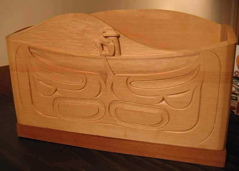 Back side of whale bentwood bowl